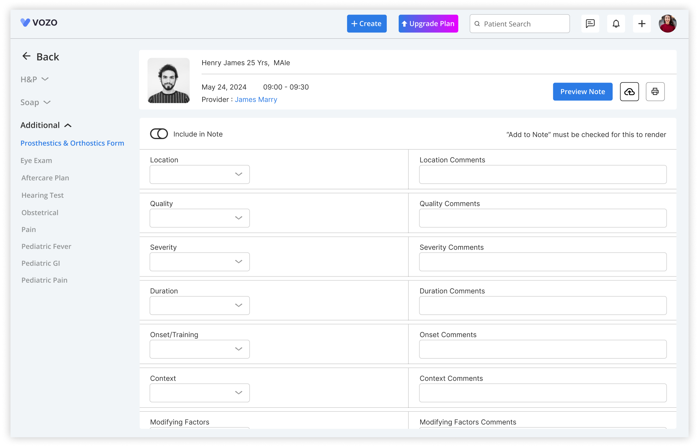 Vozo EHR screenshot showing form builder page for various specialty